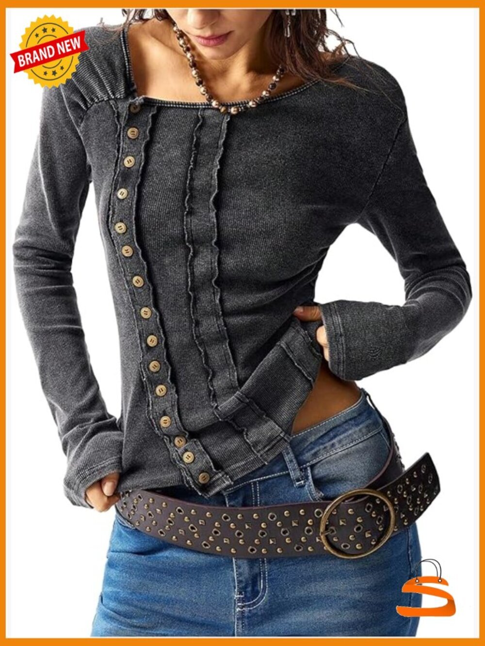 Y2K Asymmetrical Neck Fitted Long Sleeve Tee Tops Button Down Vintage T Shirts
